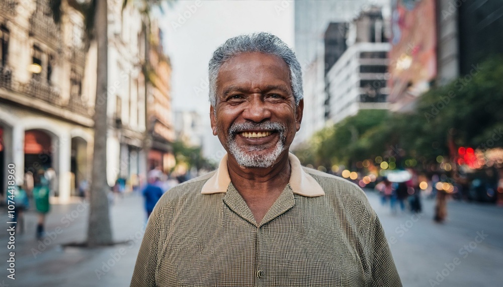 latin senior man portrait looking at camera outdoors in the street in Mexico city, hispanic adult people. ai generative latin senior man portrait looking at camera outdoors in the street in Mexico city, hispanic adult people. ai generative