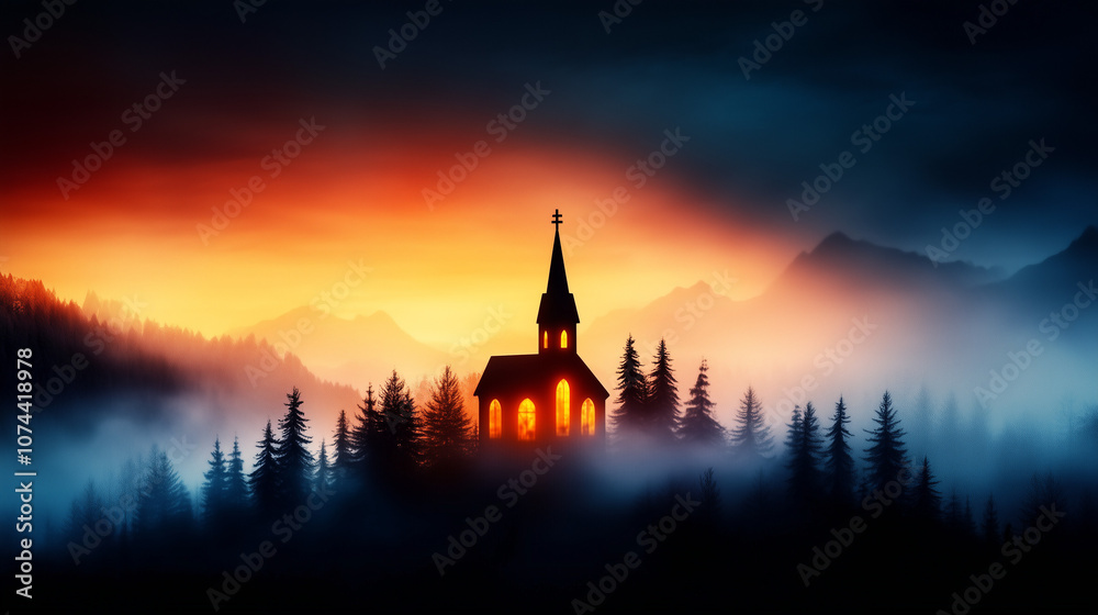 Obraz premium Glowing church in a misty sunset forest