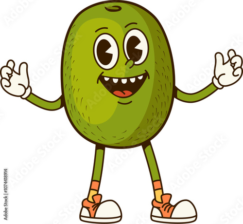 Cartoon retro groovy kiwi fruit character with funky and hippie vibe. Isolated vector expressive and cheerful exotic tropical fruit comic personage capture a playful and whimsical essence of 60s era