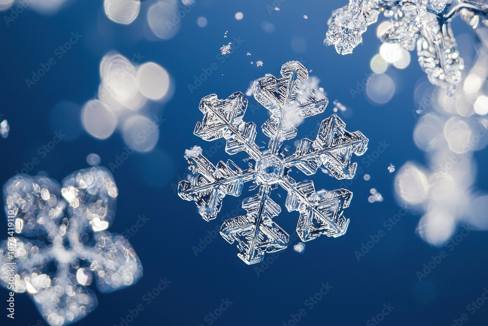 Close-up of intricate snowflakes against a dark blue background Close-up of intricate snowflakes against a dark blue background