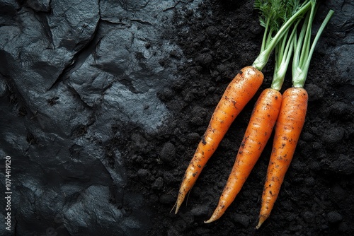 Carrots on dark soil background. Perfect for food, healthy, or farm themed projects. photo