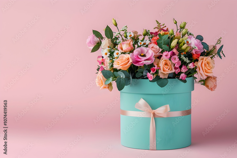 bouquet of flowers in turquoise gift box isolated on pink bouquet of flowers in turquoise gift box isolated on pink
