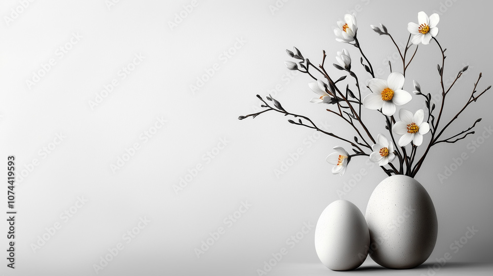 Egg-Shaped Vase with White Flowers, copy space Egg-Shaped Vase with White Flowers, copy space