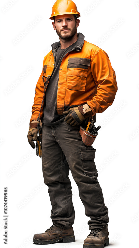 full-body photo of an American male construction worker, around his late thirties, with short hair and facial stubble, wearing work boots full-body photo of an American male construction worker, around his late thirties, with short hair and facial stubble, wearing work boots