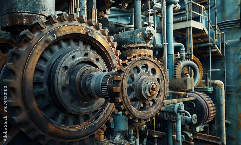Close-up of industrial machinery with gears and pipes, showcasing mechanical engineering. Close-up of industrial machinery with gears and pipes, showcasing mechanical engineering.