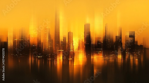 Abstract depiction of a vibrant skyline during sunset, showcasing blurred cityscape features illuminated in golden hues, creating a dreamy, ethereal atmosphere.