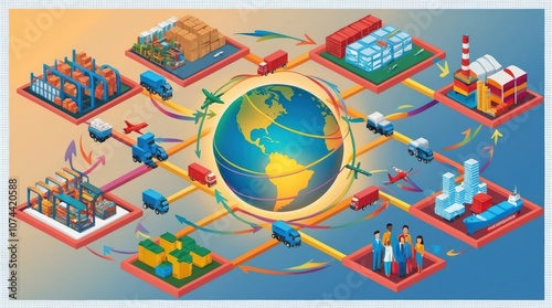  illustration of complex web of global value chains, diverse factories, warehouses, and shipment containers interconnected by colorful, swirling lines and arrows.