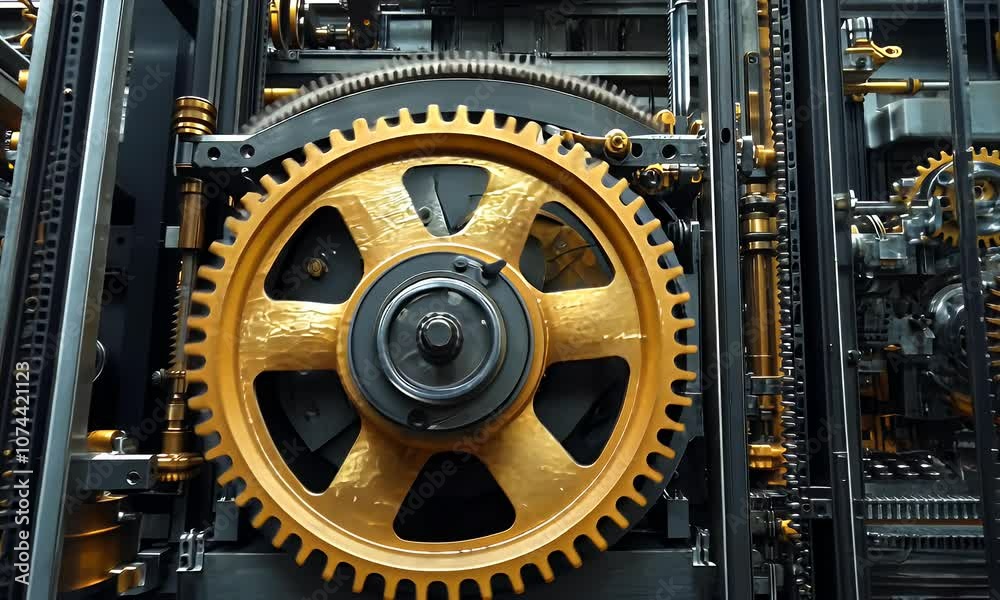 Close-up of intricate machinery with large gears and mechanical components. Close-up of intricate machinery with large gears and mechanical components.
