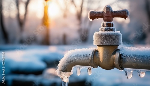 A frozen water pipe in winter, close-up, shallow depth of field. water tap covered with ice. ai generative photo