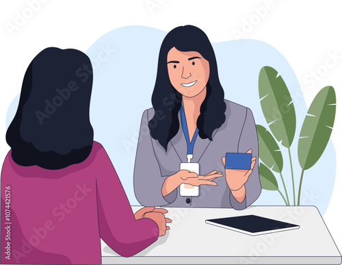 Bank Customer Service in a meeting with cutomer offering credit card illustration