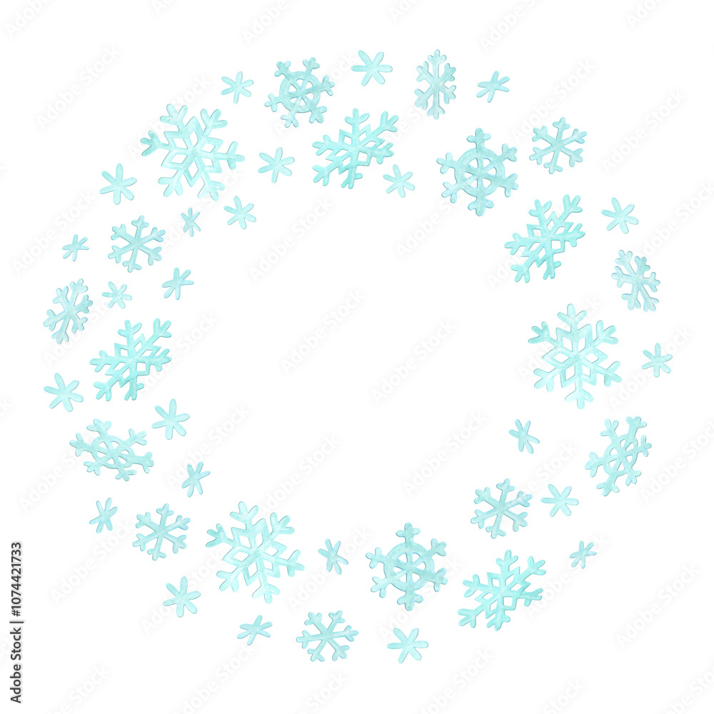 Circle frame with big and small cartoon snowflakes. Watercolor background template for cards, plates or shopping bags. Decorative winter border with empty place for text in center Circle frame with big and small cartoon snowflakes. Watercolor background template for cards, plates or shopping bags. Decorative winter border with empty place for text in center