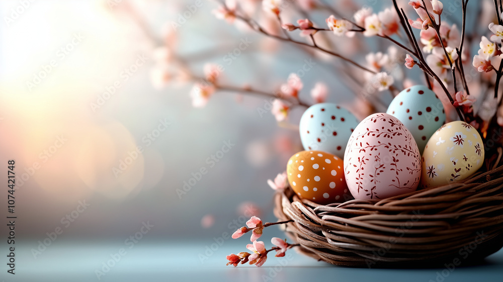Fototapeta premium Pastel Easter eggs in nest with cherry blossoms, copy space