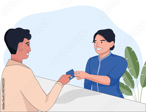 Bank teller giving new credit card to customer illustration