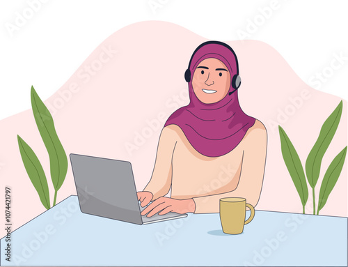 A woman working as virtual assistant having online call with laptop illustration