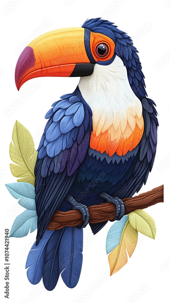 Obraz premium Vibrant toucan illustration, with vivid orange and blue feathers, perched on a branch with colorful leaves, showcasing its iconic, large, colorful beak, set against a transparent background