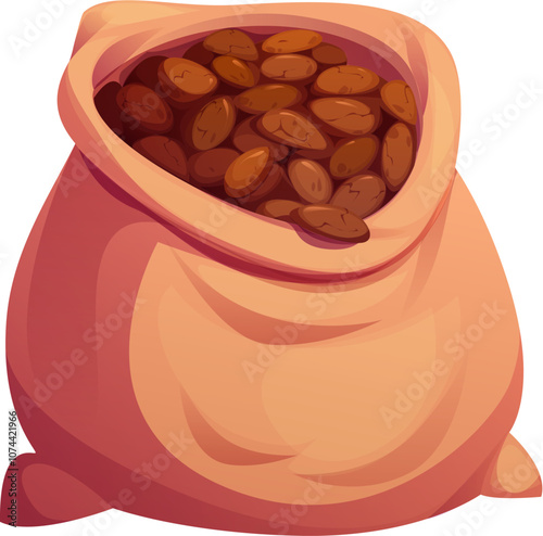 Cartoon cocoa bag with cocoa beans for chocolate drink or cacao powder, vector icon. Cocoa beans bag with cacao plant seeds for desserts, candy and confection or cocoa butter ingredient