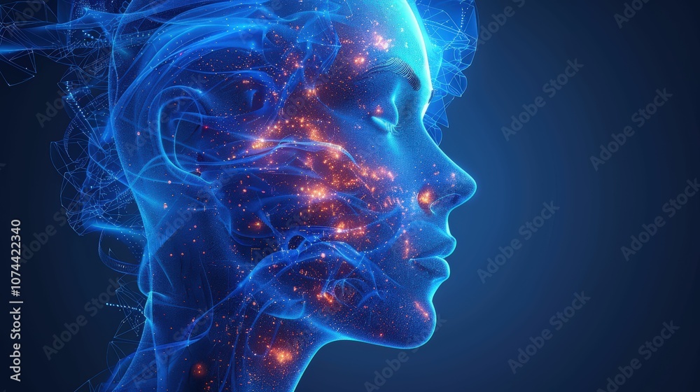 Ethereal Woman Visage with Blue Neural Light Patterns Illustrating Artificial Intelligence and Human Connection in a Futuristic Digital Realm Ethereal Woman Visage with Blue Neural Light Patterns Illustrating Artificial Intelligence and Human Connection in a Futuristic Digital Realm