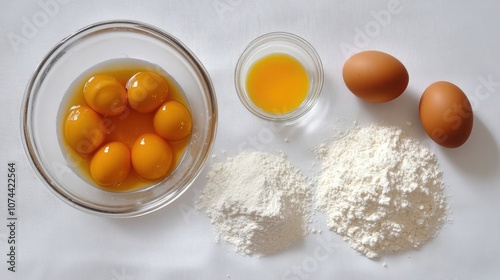 A bowl of egg yolks, two whole eggs, and two piles of flour on a white surface. photo