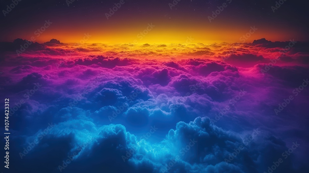 Serene and Colorful Sky Over Clouds at Twilight, Blending Vibrant Shades of Orange, Pink, Purple, and Blue for a Dreamlike Atmosphere with a Celestial Feel