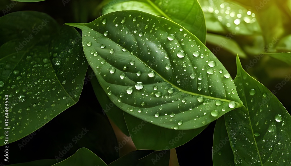 Dewdrops on leaves, natural pattern, botanical scene, 3D illustration. Dewdrops on leaves, natural pattern, botanical scene, 3D illustration.