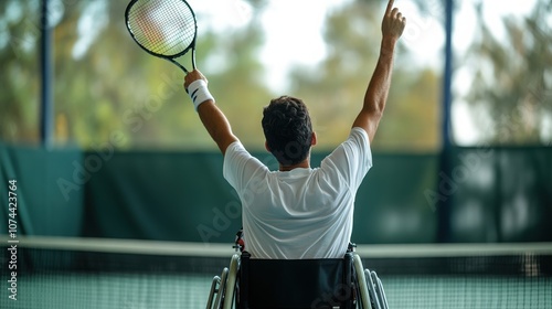 Celebrating a tennis victory in wheelchair sport. photo