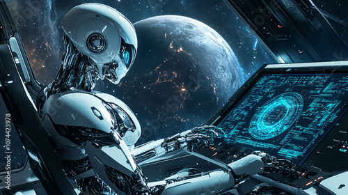 Fototapeta Naklejka Na Ścianę i Meble -  Sleek Futuristic Robot Operating in Space Station with Earth View