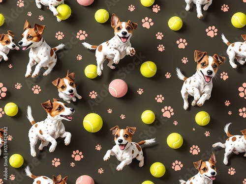 A Playful 3D Pattern Background Featuring Energetic Jack Russell Terriers Chasing Tennis Balls, Surrounded by Paw Prints, Ideal for Fun Dog Lover Designs and Pet Graphics photo