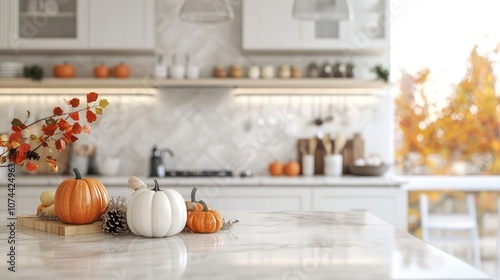 A white kitchen counter with pumpkins and a sprig of fall leaves, set against a blurred background of white cabinets and a window view.