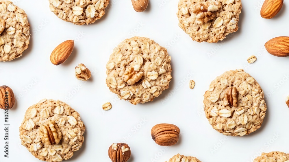 A flat lay of homemade oatmeal cookies with almonds and walnuts. A flat lay of homemade oatmeal cookies with almonds and walnuts.
