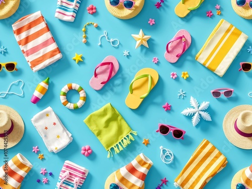 3D Pattern of Beach Towels, Flip-Flops, and Sunglasses, Perfect for Summer Vacation and Beach-Themed Designs