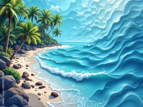 Abstract 3D Pattern of Tropical Beaches with Palm Trees and Ocean Waves, Perfect for Summer Vacation-Themed Backgrounds