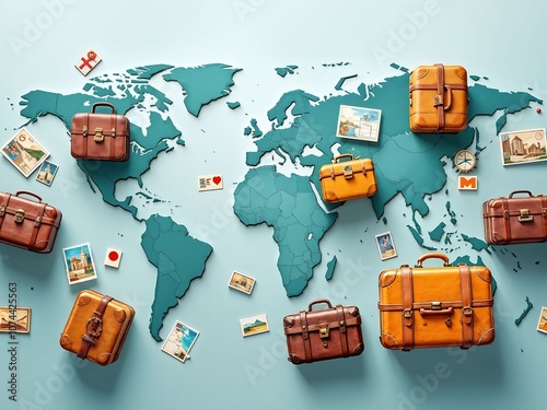 Abstract 3D Pattern of Vintage Suitcases and Travel Postcards, Set Against a Global Map for Adventure-Themed Designs