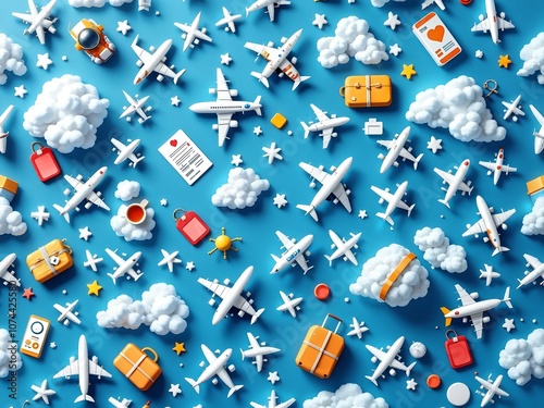 Abstract 3D Pattern of Airplanes, Boarding Passes, and Luggage Tags for an Air Travel and Vacation-Themed Background