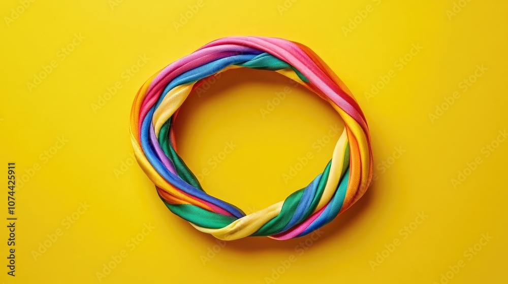 A vibrant rainbow-colored ribbon twisted into a circle against a bright yellow background. A vibrant rainbow-colored ribbon twisted into a circle against a bright yellow background.