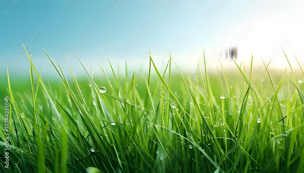 Dew-laden grass, vivid close-up, morning light, outdoor setting, 3D illustration. Dew-laden grass, vivid close-up, morning light, outdoor setting, 3D illustration.