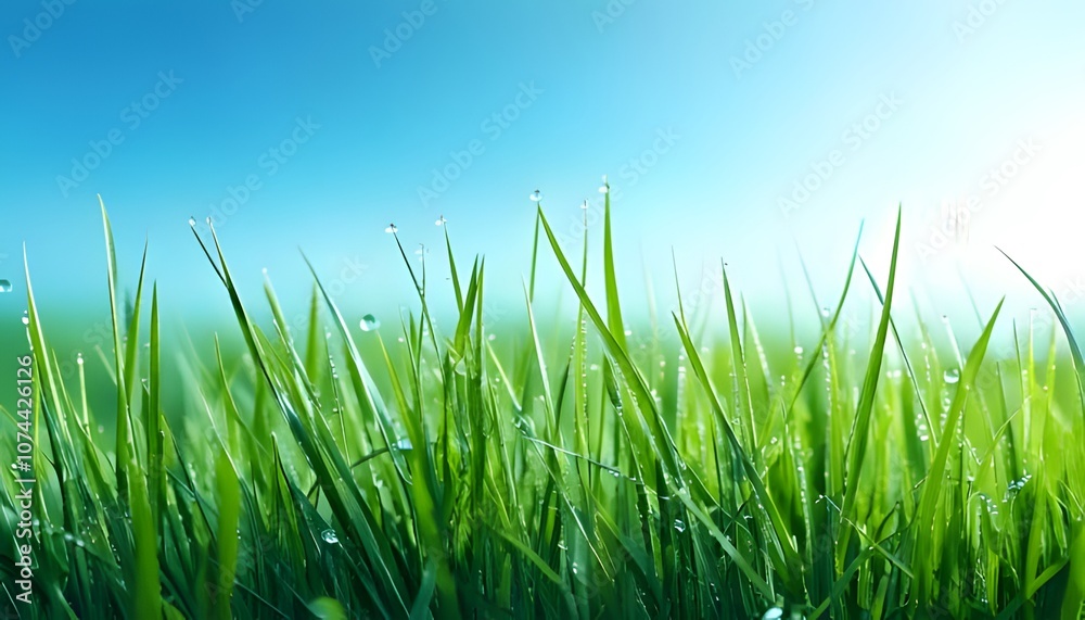 Dew-laden grass, vivid close-up, morning light, outdoor setting, 3D illustration. Dew-laden grass, vivid close-up, morning light, outdoor setting, 3D illustration.