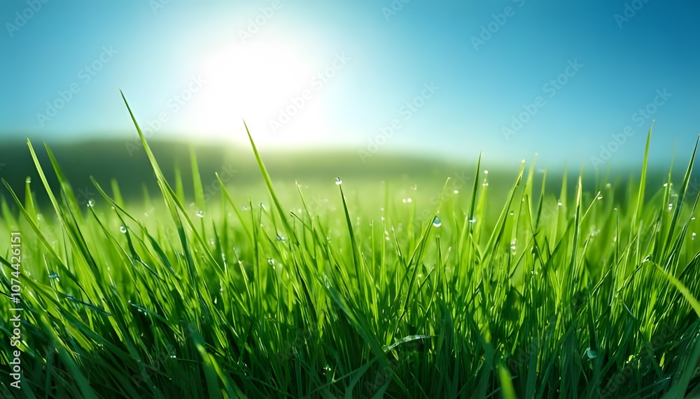 Dew-laden grass, vivid close-up, morning light, outdoor setting, 3D illustration. Dew-laden grass, vivid close-up, morning light, outdoor setting, 3D illustration.