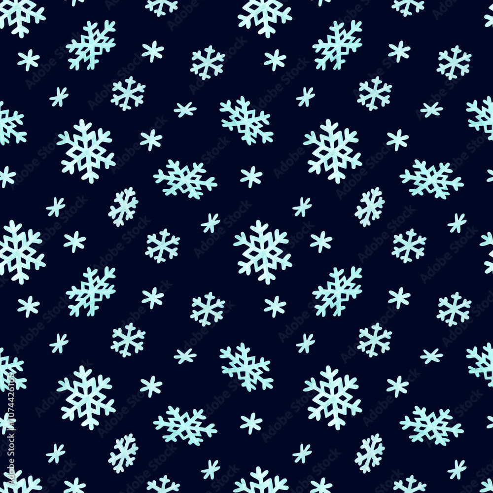 Seamless pattern with freely flying and falling snowflakes in dark blue background. Decorative festive ornament in cartoon stile for wrapping paper, wallpaper, covers and winter textile Seamless pattern with freely flying and falling snowflakes in dark blue background. Decorative festive ornament in cartoon stile for wrapping paper, wallpaper, covers and winter textile