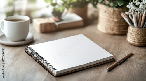 White spiral-bound notebook with elastic band, flat on a table. Ready for product promotion or designing.