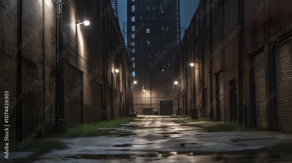 Fototapeta premium Scary dark city Chicago alley next to an urban warehouse.generative.ai
