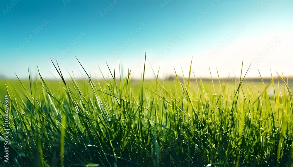 Fototapeta premium Dew-laden grass, vivid close-up, morning light, outdoor setting, 3D illustration.