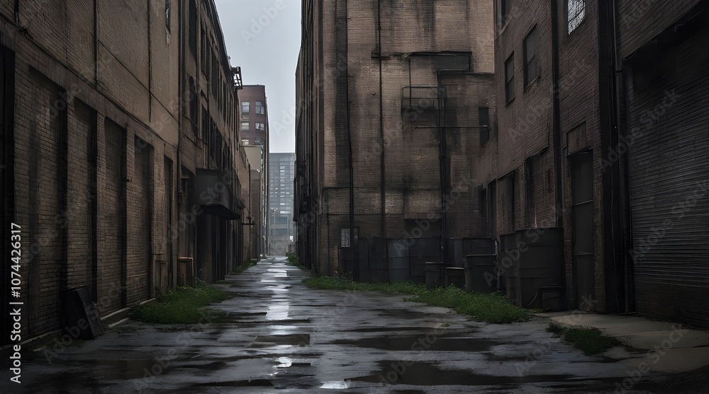Fototapeta premium Scary dark city Chicago alley next to an urban warehouse.generative.ai