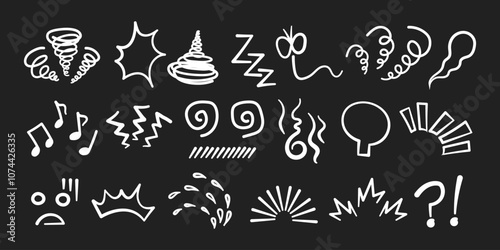 Manga or anime comic emoticon element graphic effects hand drawn doodle vector illustration set isolated on black background. Line style manga doodle line expression scribble anime mark collection.