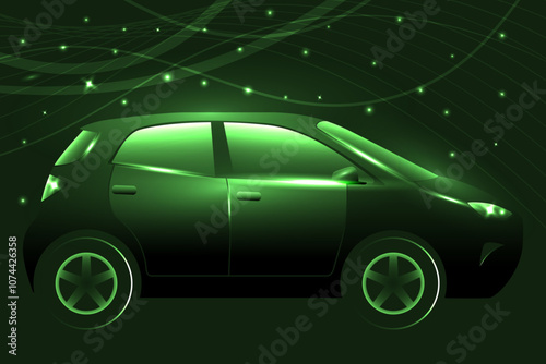 Side view of green glowing electric car, EV concept illustration. Green neon glowing vehicle on a dark background.