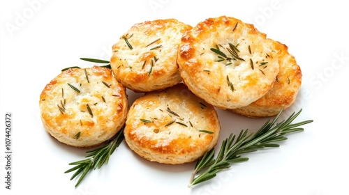 A pile of freshly baked rosemary biscuits. These golden biscuits are a perfect addition to any meal.