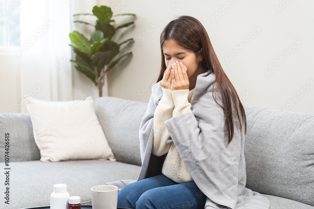 Sick, coronavirus or covid, tired asian young woman have a fever, flu and hand in use tissues paper sneezing nose, runny while sitting on sofa, couch at home. Health care with disease, pandemic virus Sick, coronavirus or covid, tired asian young woman have a fever, flu and hand in use tissues paper sneezing nose, runny while sitting on sofa, couch at home. Health care with disease, pandemic virus