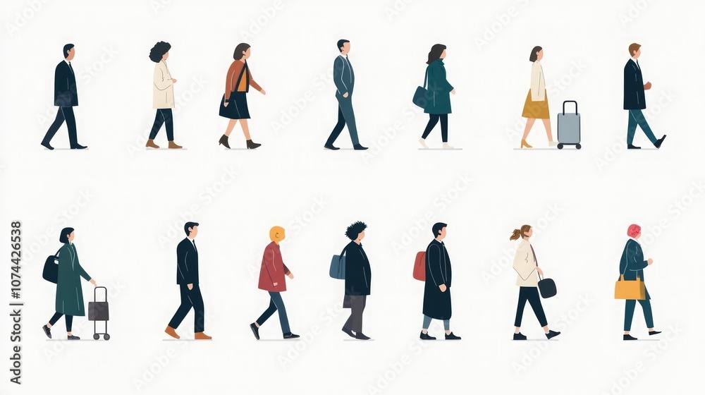 A diverse group of people walk in different directions, some carrying bags, others with suitcases, all going about their day. A diverse group of people walk in different directions, some carrying bags, others with suitcases, all going about their day.