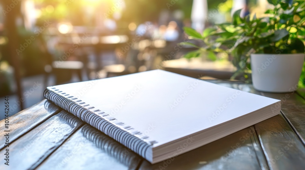 White spiral-bound notebook with elastic band, flat on a table. Ready for product promotion or designing. White spiral-bound notebook with elastic band, flat on a table. Ready for product promotion or designing.