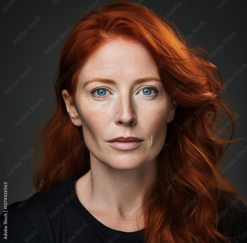 a heavy set middle aged woman with red hair and a red beard, looking straight at her face a heavy set middle aged woman with red hair and a red beard, looking straight at her face