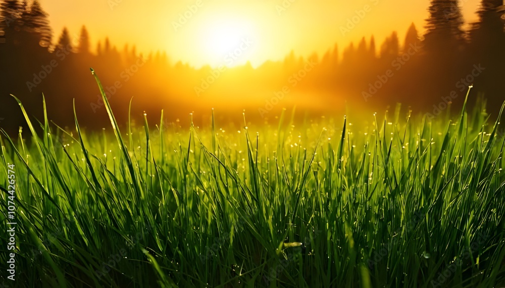 Fototapeta premium Dew-laden grass, vivid close-up, morning light, outdoor setting, 3D illustration.